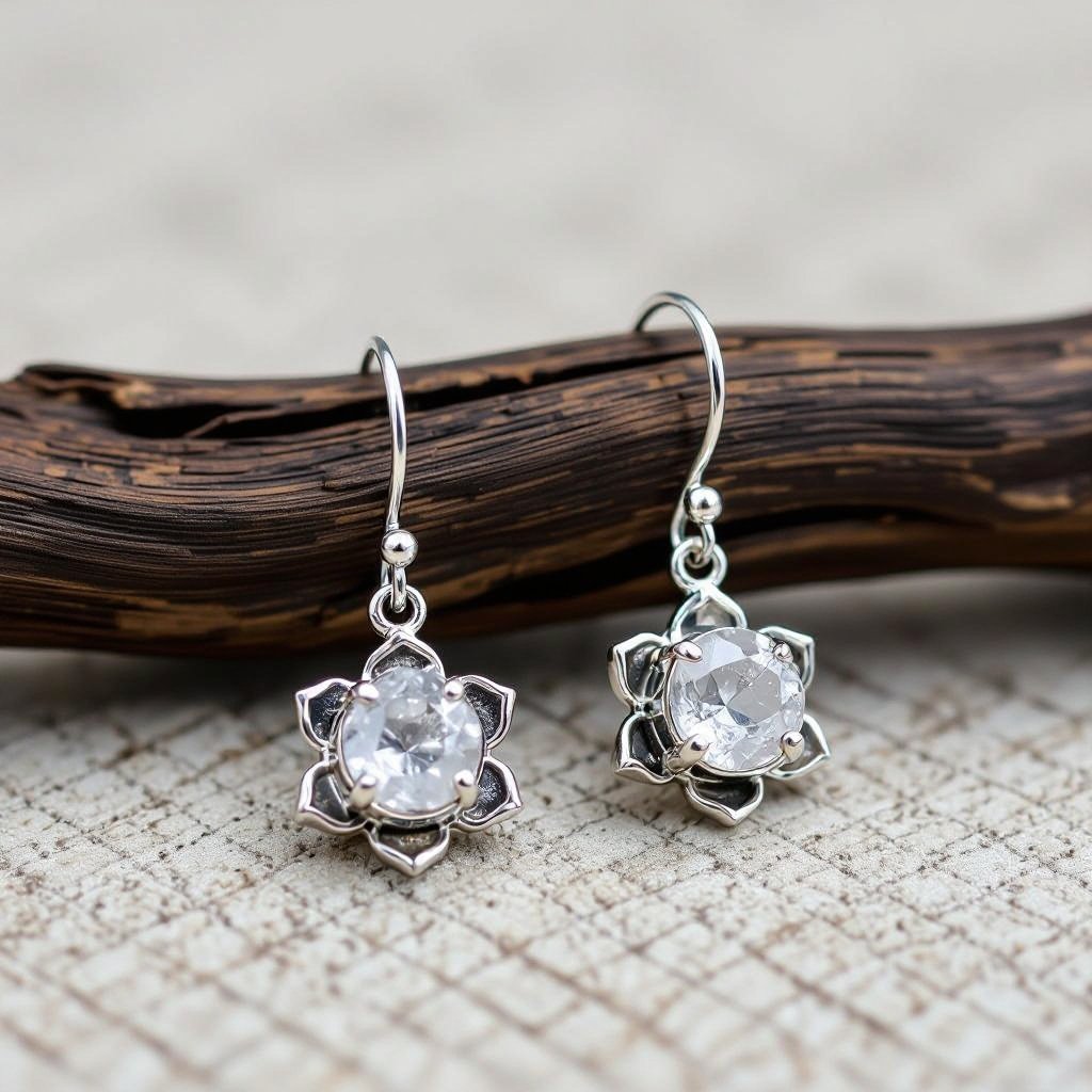 Серьги серебро изящный маленький лотос с необработанным хрусталем в центре