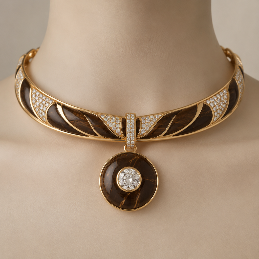 A choker women's necklace made of gold with diamond stones suitable for formal. un colier en or travaillé avec de la coque de coco et surmonté d'un diamant en pendantif en forme arrondie.
photorealistic jewelry design, A choker women's necklace made of gold with diamond stones suitable for formal. un colier en or travaillé avec de la coque de coco et surmonté d'un diamant en pendantif en forme arrondie., choker style, just the design no text