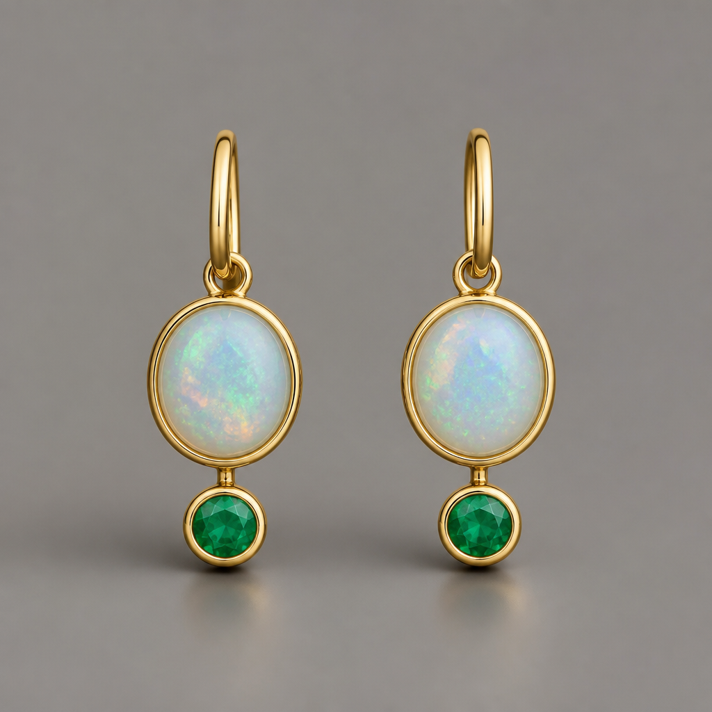 A minimalist women's earrings with opal and emerald stones
photorealistic jewelry design, A minimalist women's earrings with opal and emerald stones, minimalist style, just the design no text