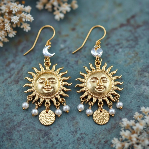 Золотые серьги словно мятое золото в форме солнца с волнистыми лучами крепится к застежке серьги. К нижней части солнца крепятся подвески: миниатюрная серебристая луна, очень маленький жемчуг и маленький золотой кружочек с мятым эффектом плоский