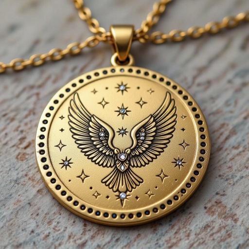 Золотой матовый медальон в форме неровного круга с неровными краями. По краям выпуклые точки сплошной линией. На круге выгравирован ангел без фигуры, видно только крылья и вокруг здездочки и разные узоры и украшен миниатюрными камнями