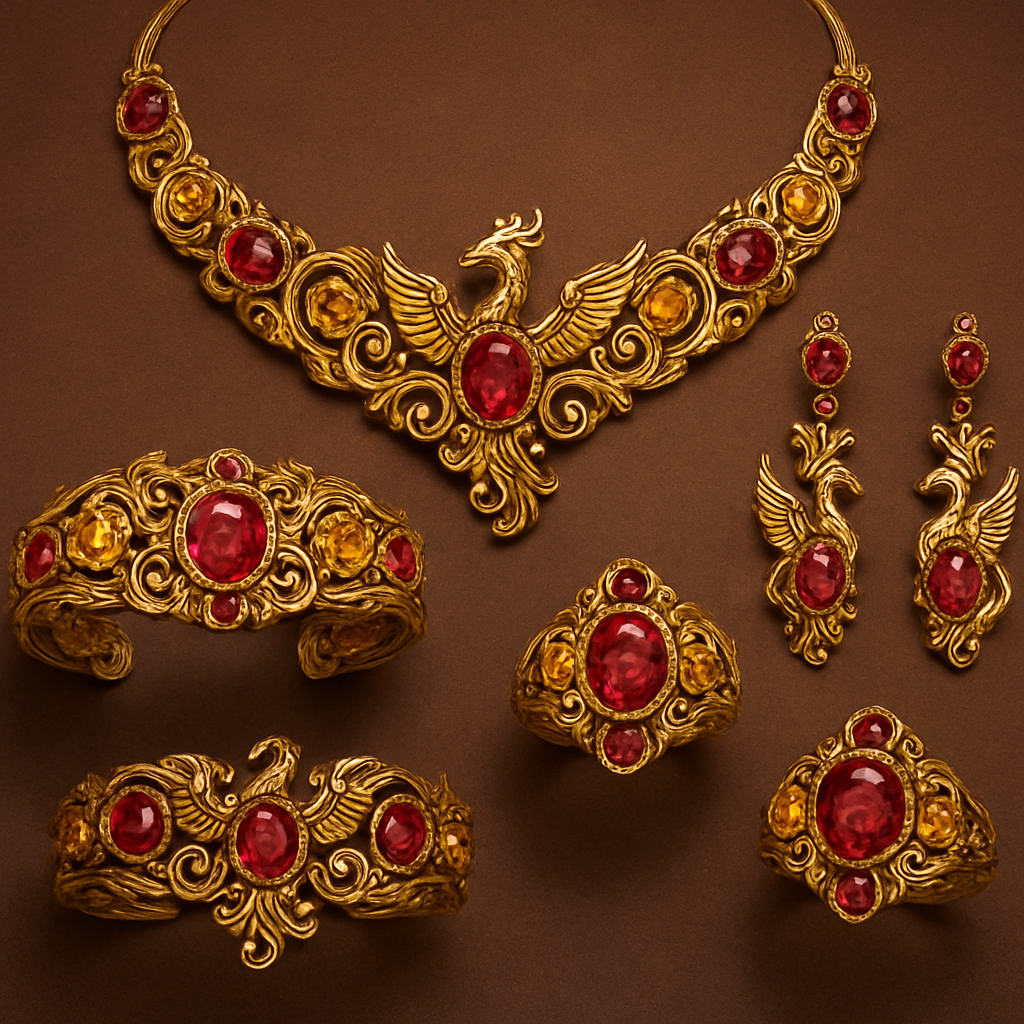 A full Ruby jewelry set including bracelet, earrings and rings with at least 10 citrine and topaz inlays with phoenix themes and an omega necklace