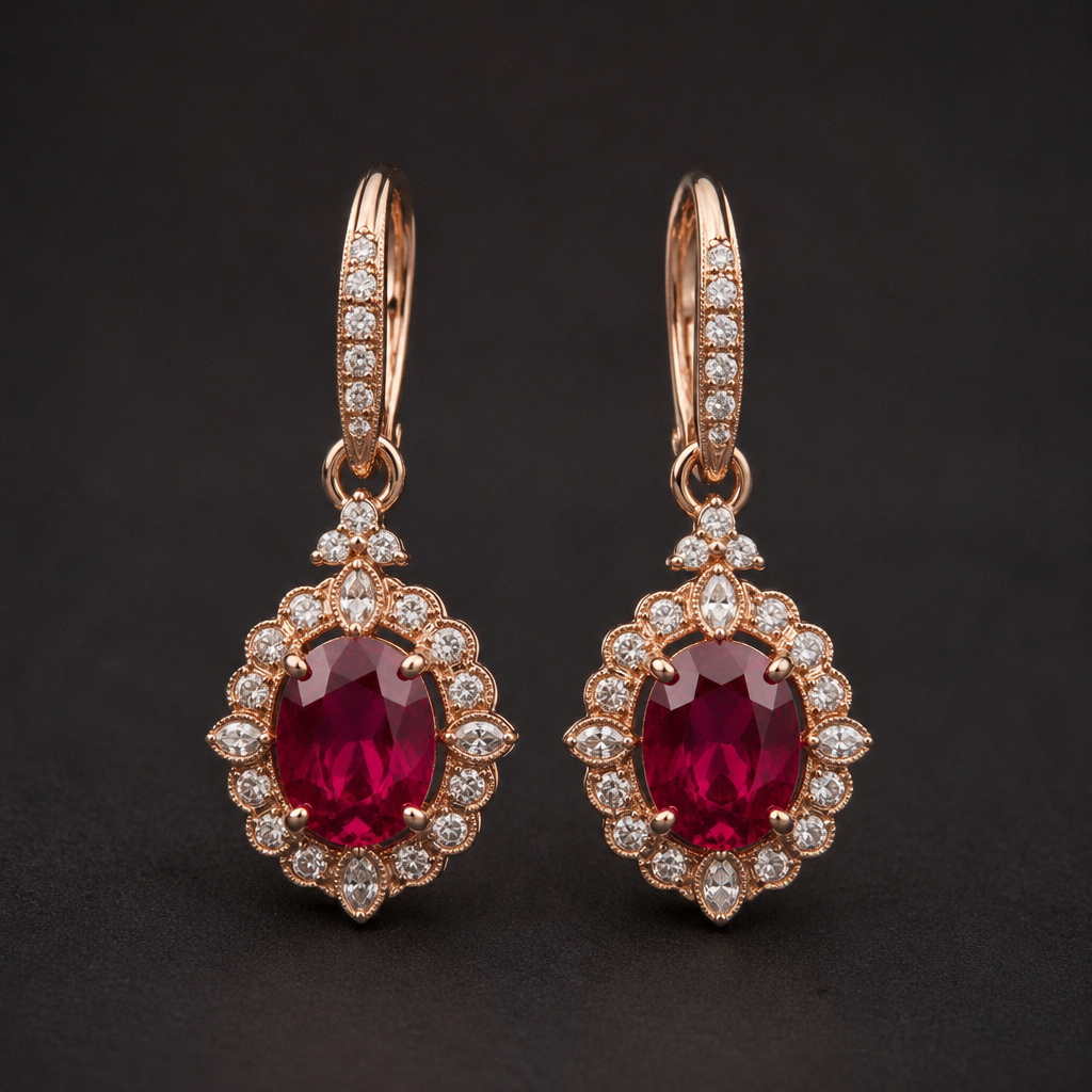 A luxury women's earrings made of rose gold with ruby and diamond stones suitable for engagement. I want u to design simia earings matching with this ring
photorealistic jewelry design, A luxury women's earrings made of rose gold with ruby and diamond stones suitable for engagement. I want u to design simia earings matching with this ring, luxury style, just the design no text