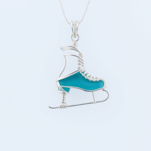 Silver Pendant shape one ice skate with turquoise stripe inside the low thin part blade
