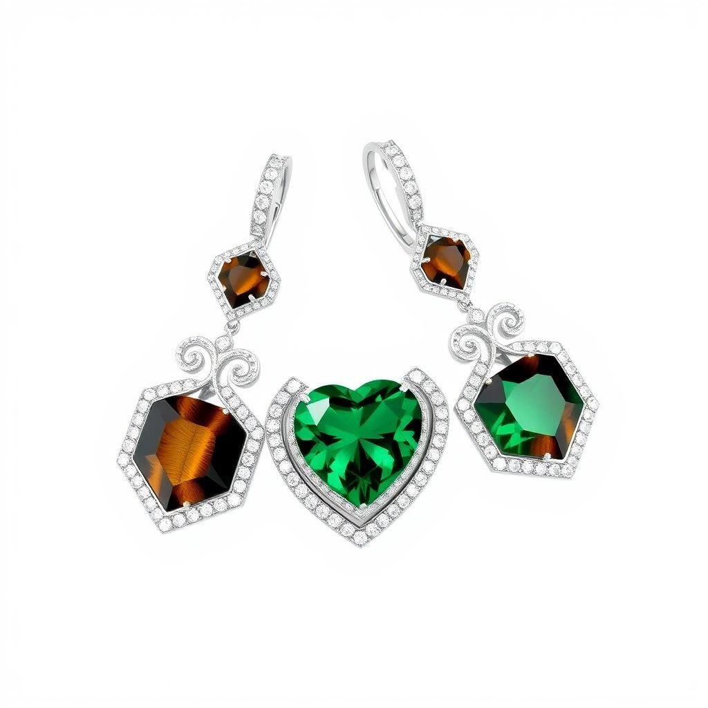 A emerald heart cut and tiger’s eye gemstones cushion cut, 50, with VS and F carat earrings