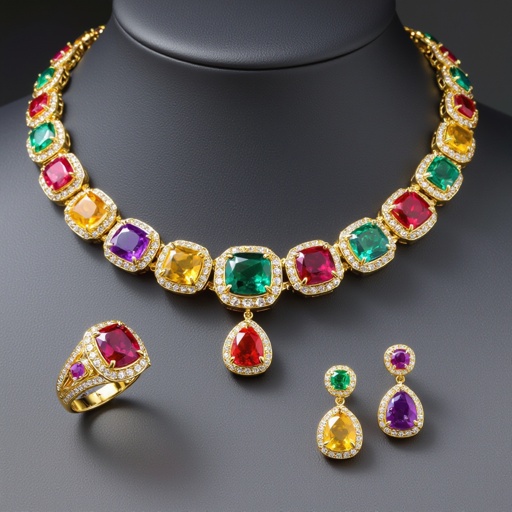 Necklace and ring and earring with luxury colorful jewel with gold