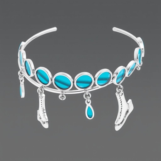 Silver pendant in the shape of ice skating blades with a turquoise stripe within the blade