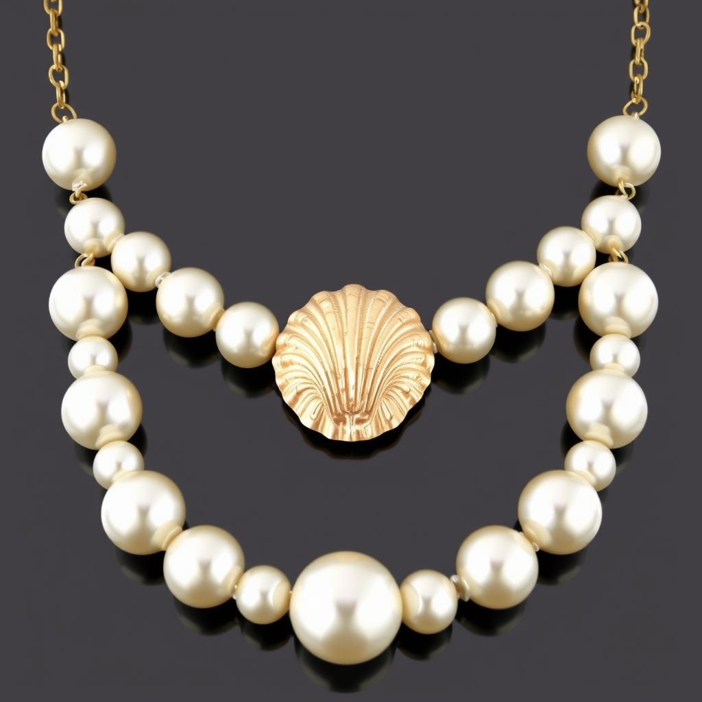 Round shaped Pearls with seashell in middle and 14k gold chain 