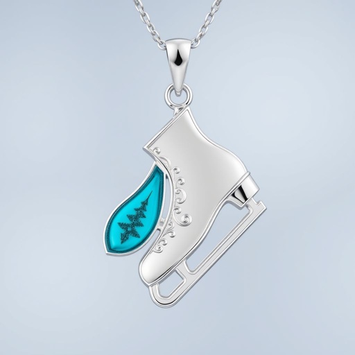 Silver pendant in of ice figure skating blades only no boots with one blade silver and one blade of turquoise