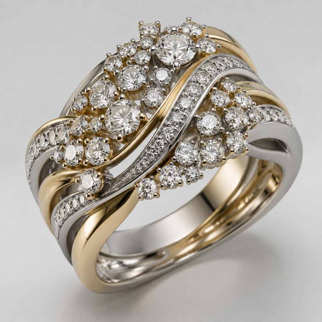 A contemporary women's ring made of mixed metal with diamond stones. 34 cluster diamonds ranging in size, but no larger than .25 of a carat
photorealistic jewelry design, A contemporary women's ring made of mixed metal with diamond stones. 34 cluster diamonds ranging in size, but no larger than .25 of a carat, contemporary style, just the design no text