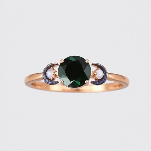 A simple rose gold engagement ring set with a circular alexandrite. Also set with a small crescent moon blue chalcedony on one side right next to it, and a small crescent moon moonstone set on the other side right next to it. On the inside of the band, it has an inscription reading, “Tuum. Et in hac vita et in altera.”