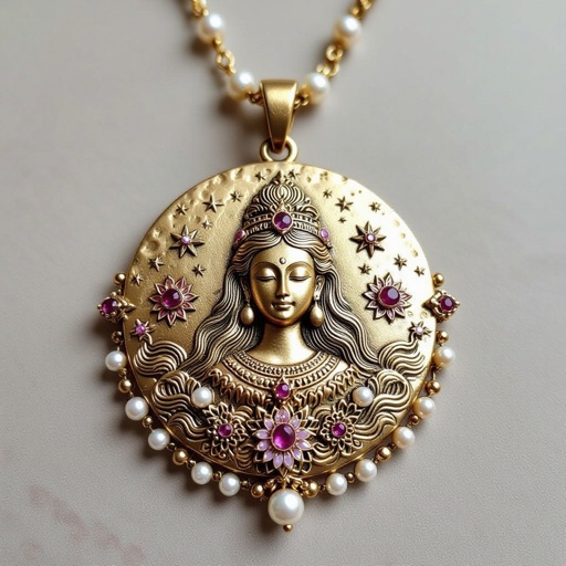 Кулон на длинной цепочке. Матовое светлое золото. В цепочке небольшие золотые шарики и розовые камушки и жемчуга. Кулон в форме неровного мятого круга. На круге изображена богиня кали с длинными волосами лица не видно. Круг украшен лотосами звездами волнами узорами