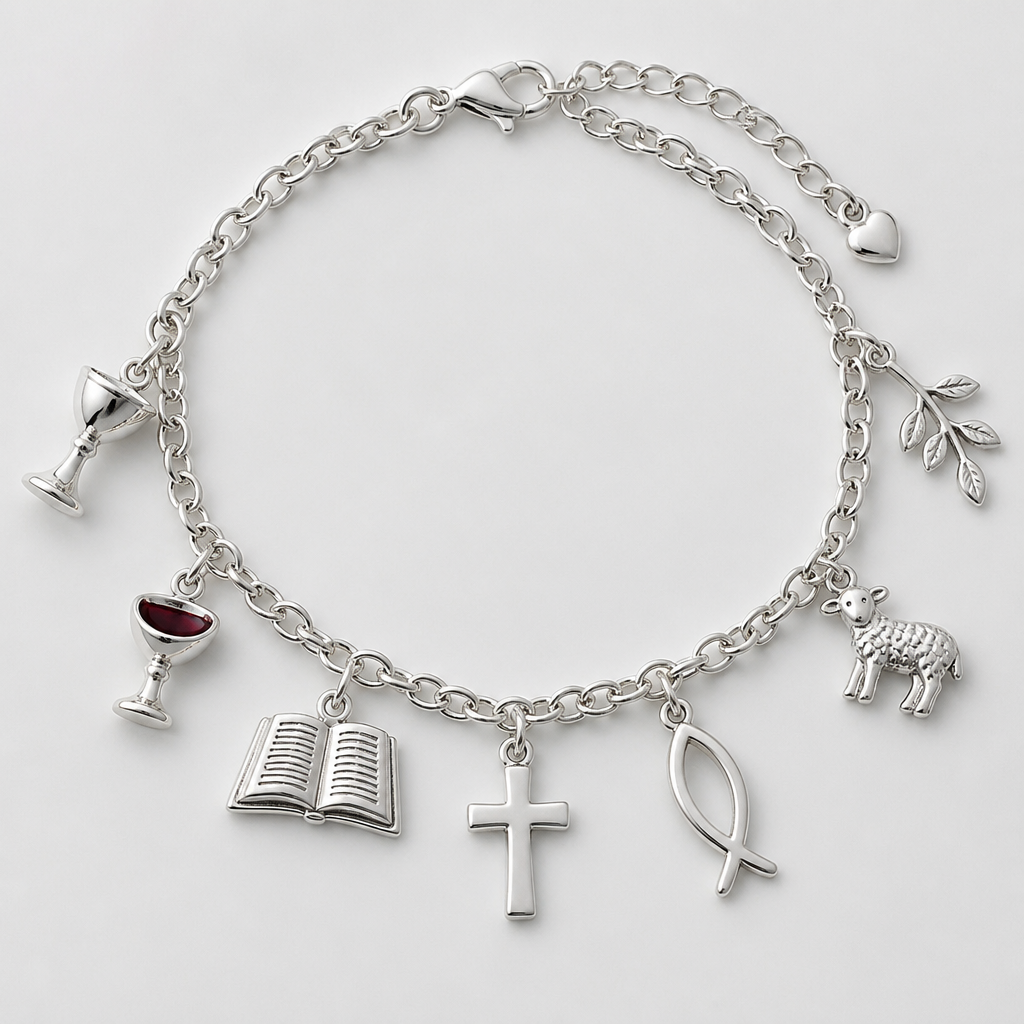 A women's bracelet made of silver suitable for daily wear, detailed and decorative, moderately ornate. eu quero uma pulseira com pingente relacionados a Jesus que por exemplo tem lá o cálice que tem uma taça de vinho que tem a Bíblia que tem a cruz que tem peixe que tem ovelhinha
photorealistic jewelry design, A women's bracelet made of silver suitable for daily wear, detailed and decorative, moderately ornate. eu quero uma pulseira com pingente relacionados a Jesus que por exemplo tem lá o cálice que tem uma taça de vinho que tem a Bíblia que tem a cruz que tem peixe que tem ovelhinha, modern style, just the design no text