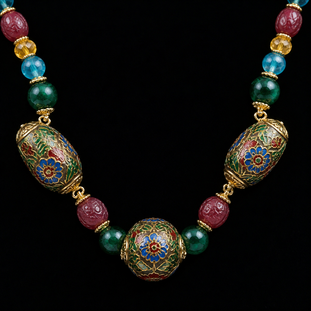 "Large cloisonne center bead 20mm round gold green red blue, two egg shapped cloisonne 25mm x 15 gold green red blue, round 15mm emerald green beads, carved rough cut ruby egg shapped 14mm x 10mm beads, blue apatite 8mm round beads, faceted rondel shapped citrine 8mm x 5mm, gold findings " necklace
photorealistic jewelry design, "Large cloisonne center bead 20mm round gold green red blue, two egg shapped cloisonne 25mm x 15 gold green red blue, round 15mm emerald green beads, carved rough cut ruby egg shapped 14mm x 10mm beads, blue apatite 8mm round beads, faceted rondel shapped citrine 8mm x 5mm, gold findings " necklace , victorian style, just the design no text