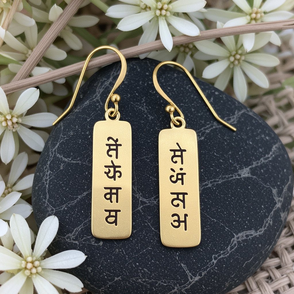 Золотые матовые серьги. На подвеска и виде тонкого длинного прямоугольника. На нем написана мантра Асатома на санскрите. 