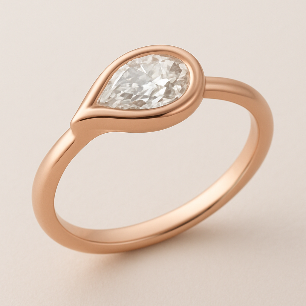 A refined 0.50 diamond  pinky ring and elegant rose gold ring featuring a pear-shaped diamond set in a smooth bezel setting. The diamond is tilted slightly to the side, creating a paisley-inspired shape reminiscent of a graceful flowing droplet. The rose gold band is sleek and polished, complementing the organic, curving silhouette of the stone. The design blends modern minimalism with a subtle artistic twist inspired by the Bandana paisley motif.