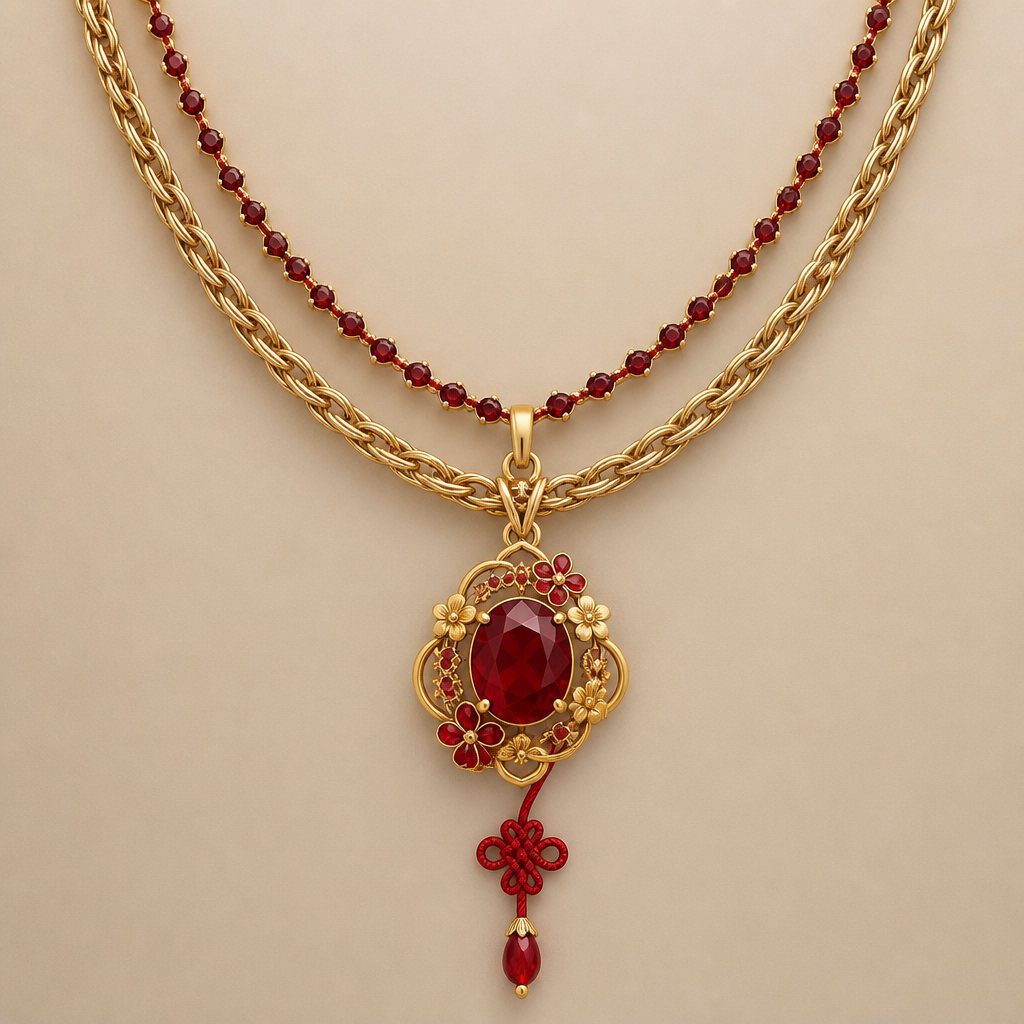 A asian-inspired women's necklace made of gold with ruby and garnet stones suitable for wedding, detailed and decorative, moderately ornate. uma colar de ouro,cordao baiano junto desse cordao "uma linha"de pedras vermelhas, e um pingente de pedra inspirado em a lenda do fio vermelho ,akai Ito
photorealistic jewelry design, A asian-inspired women's necklace made of gold with ruby and garnet stones suitable for wedding, detailed and decorative, moderately ornate. uma colar de ouro,cordao baiano junto desse cordao "uma linha"de pedras vermelhas, e um pingente de pedra inspirado em a lenda do fio vermelho ,akai Ito, asian_inspired style, just the design no text