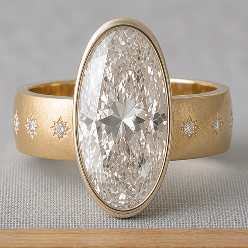 make the band wider. make the stone bigger and longer
edit the attached jewelry design with these instructions: make the band wider. make the stone bigger and longer. keep it photorealistic, just the design no text