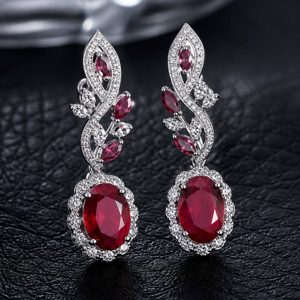 A luxury women's earrings made of silver with ruby stones suitable for formal. unique design free
photorealistic jewelry design, A luxury women's earrings made of silver with ruby stones suitable for formal. unique design free, luxury style, just the design no text
