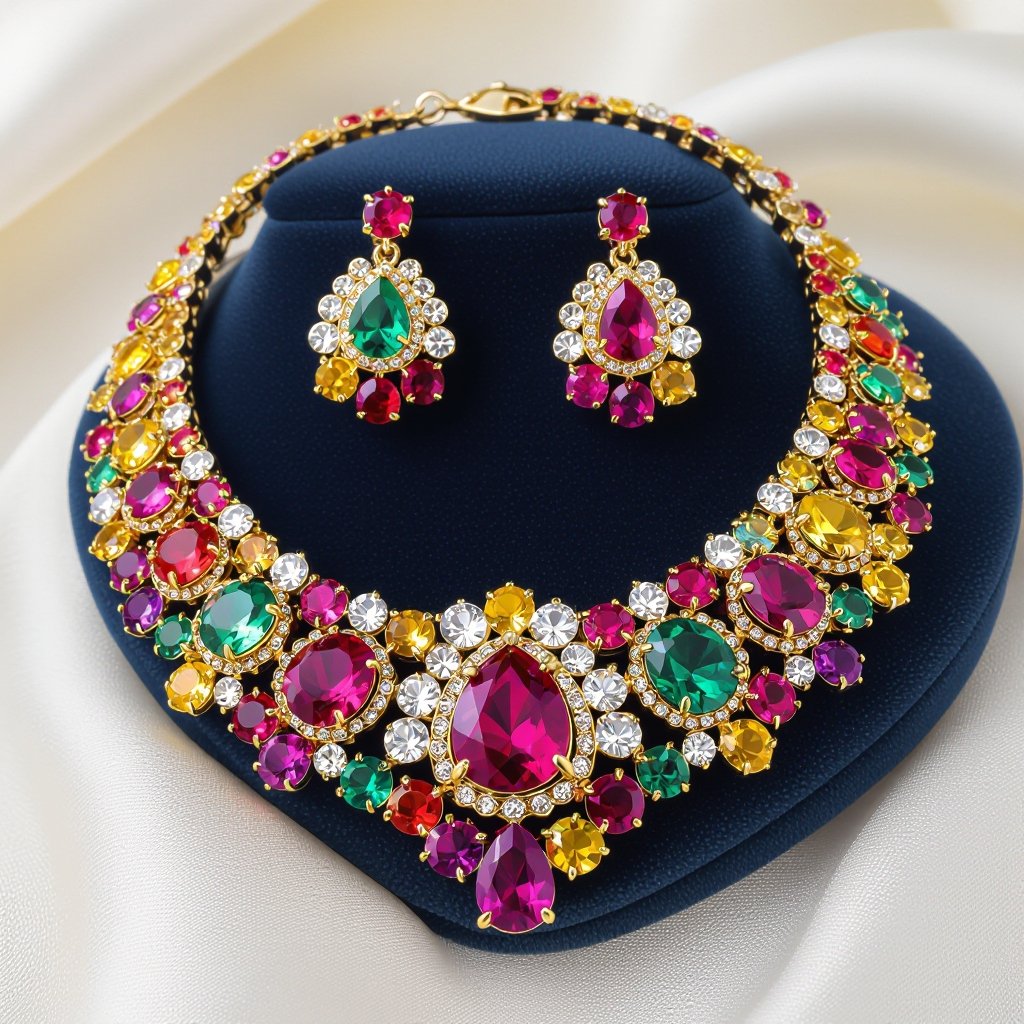Necklace and ring and earring with luxury colorful jewel with gold