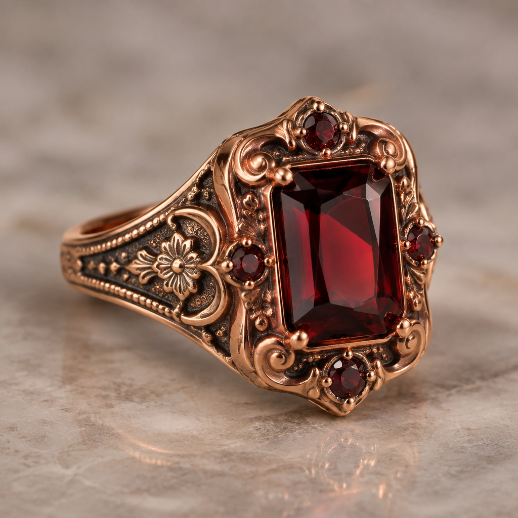 A victorian men's ring made of rose gold with garnet stones suitable for gift
photorealistic jewelry design, A victorian men's ring made of rose gold with garnet stones suitable for gift, victorian style, just the design no text