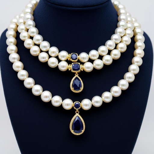 عقد لولو مع ذهب وحجر لونه كحلي