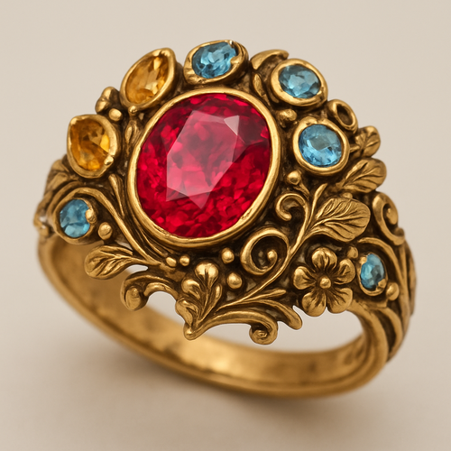 Ruby engagement ring with at least 10 citrine and topaz inlays with nature themes