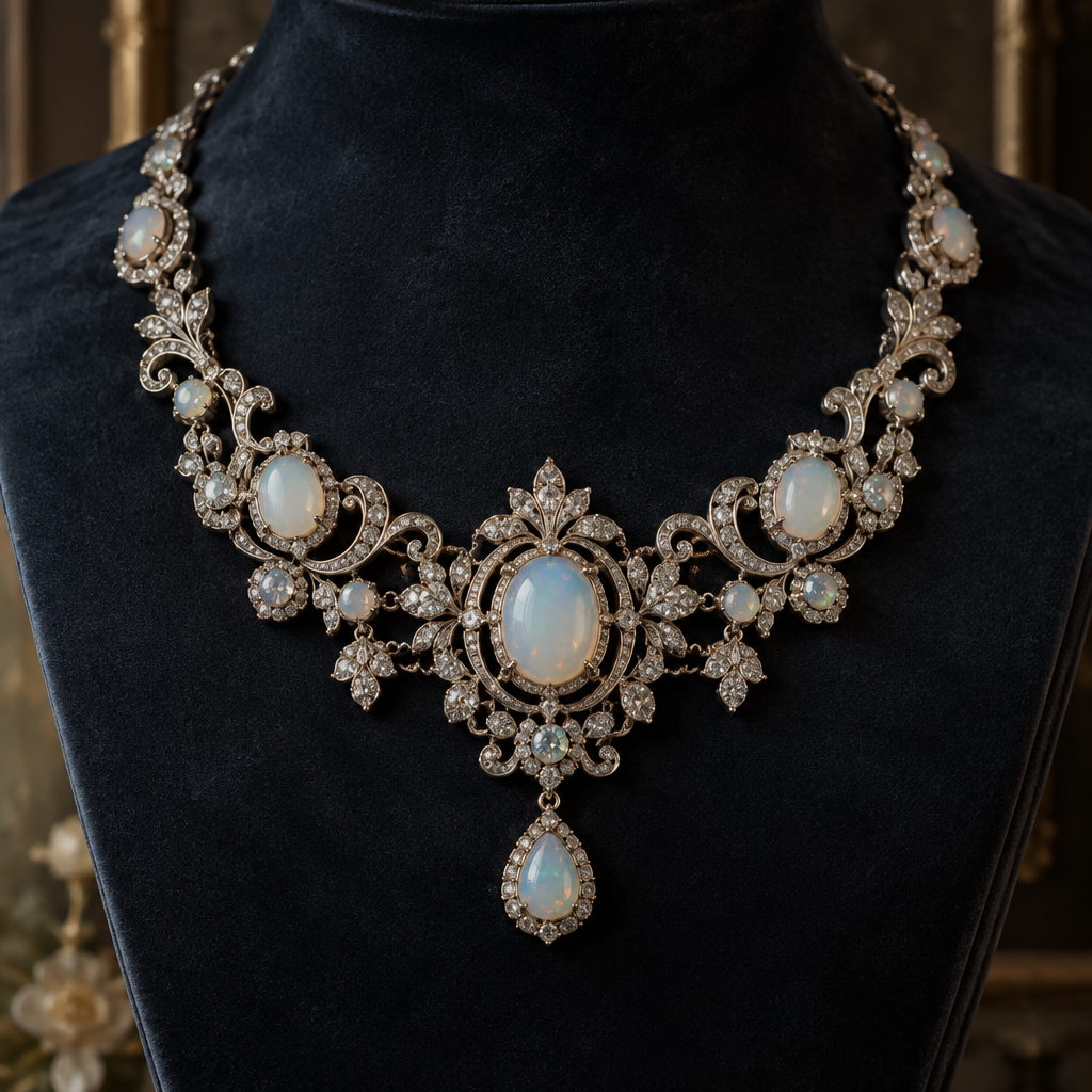 A vintage women's necklace made of silver with opal and diamond stones suitable for formal, highly ornate, intricate and elaborate, richly detailed. Quero uma joia formal para representar minha coleção de inverno
photorealistic jewelry design, A vintage women's necklace made of silver with opal and diamond stones suitable for formal, highly ornate, intricate and elaborate, richly detailed. Quero uma joia formal para representar minha coleção de inverno, vintage style, just the design no text