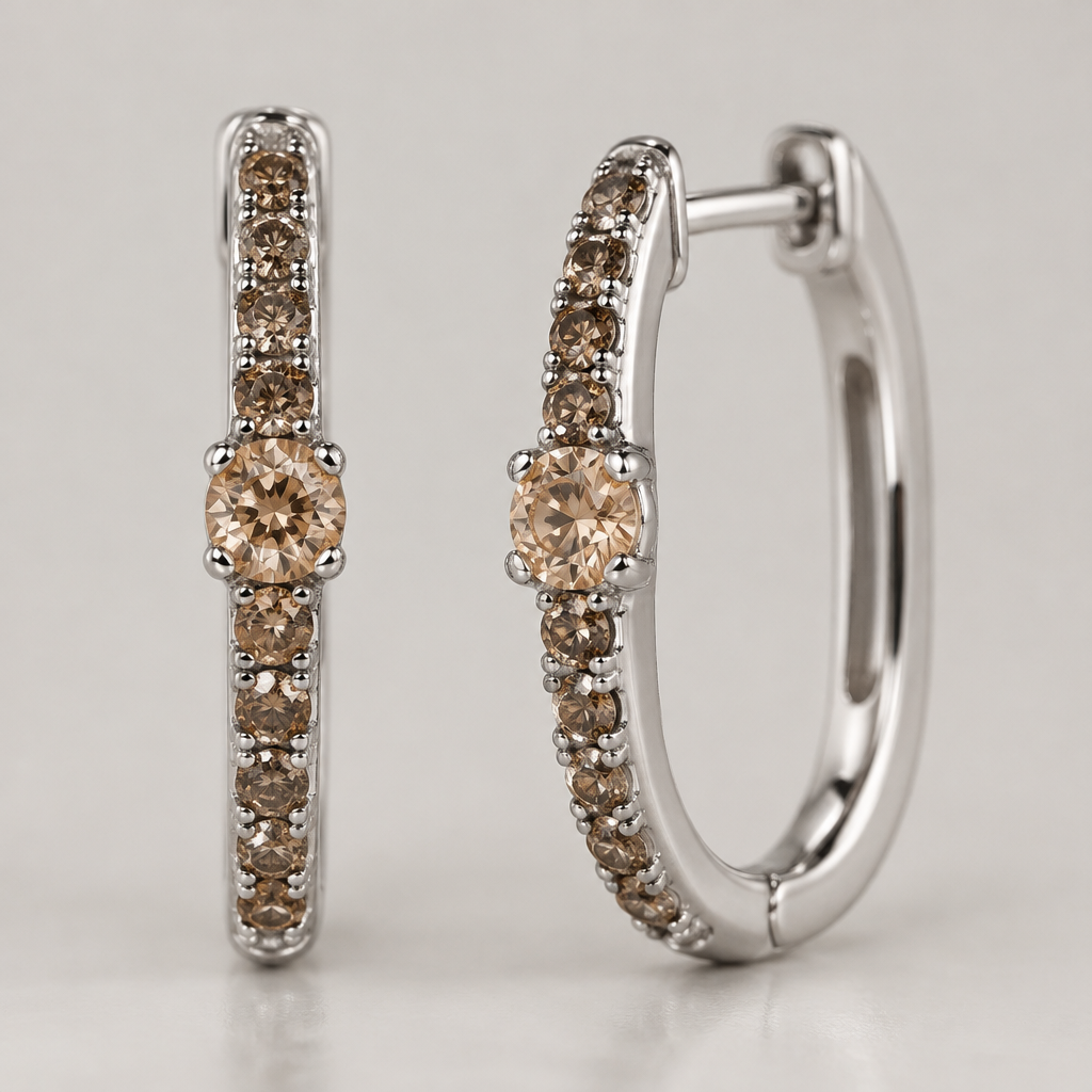 Hoop oblong earrings 16 mm from top to bottom. Brown diamonds 2 mm, center stone 3.2 champagne diamond. White gold
photorealistic jewelry design, Hoop oblong earrings 16 mm from top to bottom. Brown diamonds 2 mm, center stone 3.2 champagne diamond. White gold, just the design no text