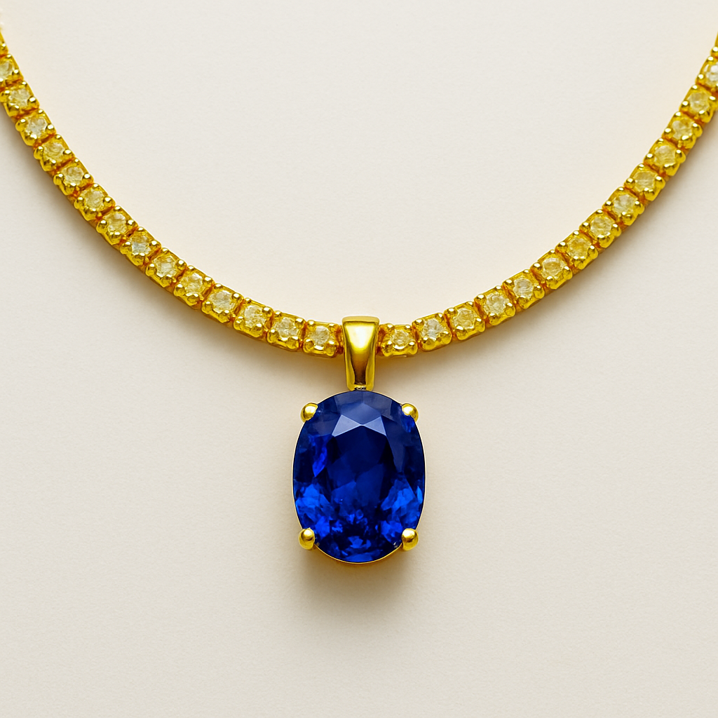 Tennis necklace made of yellow 18k gold with yellow sapphires all around (each 1mm of diameter- round) and as a pendant an oval royal blue sapphire with dimensions of  7.150 x 5.220 x 3.530mm