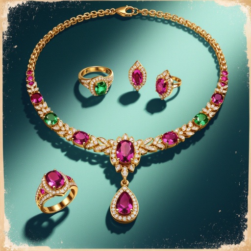 Necklace and ring and earring with luxury colorful jewel with gold
