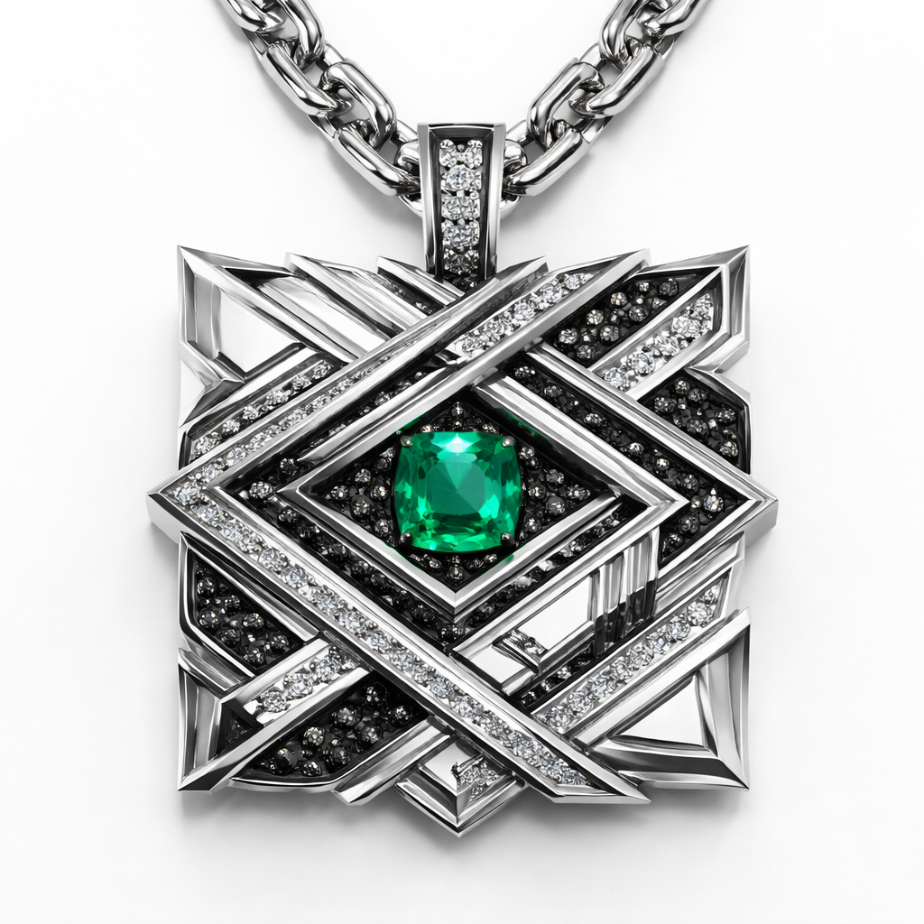 Abstract with lines and edges sharp Geomatric architecture square shape adding green emerald like eye for men with white and black diamonds pendant and chain of angles and shapes of white background
