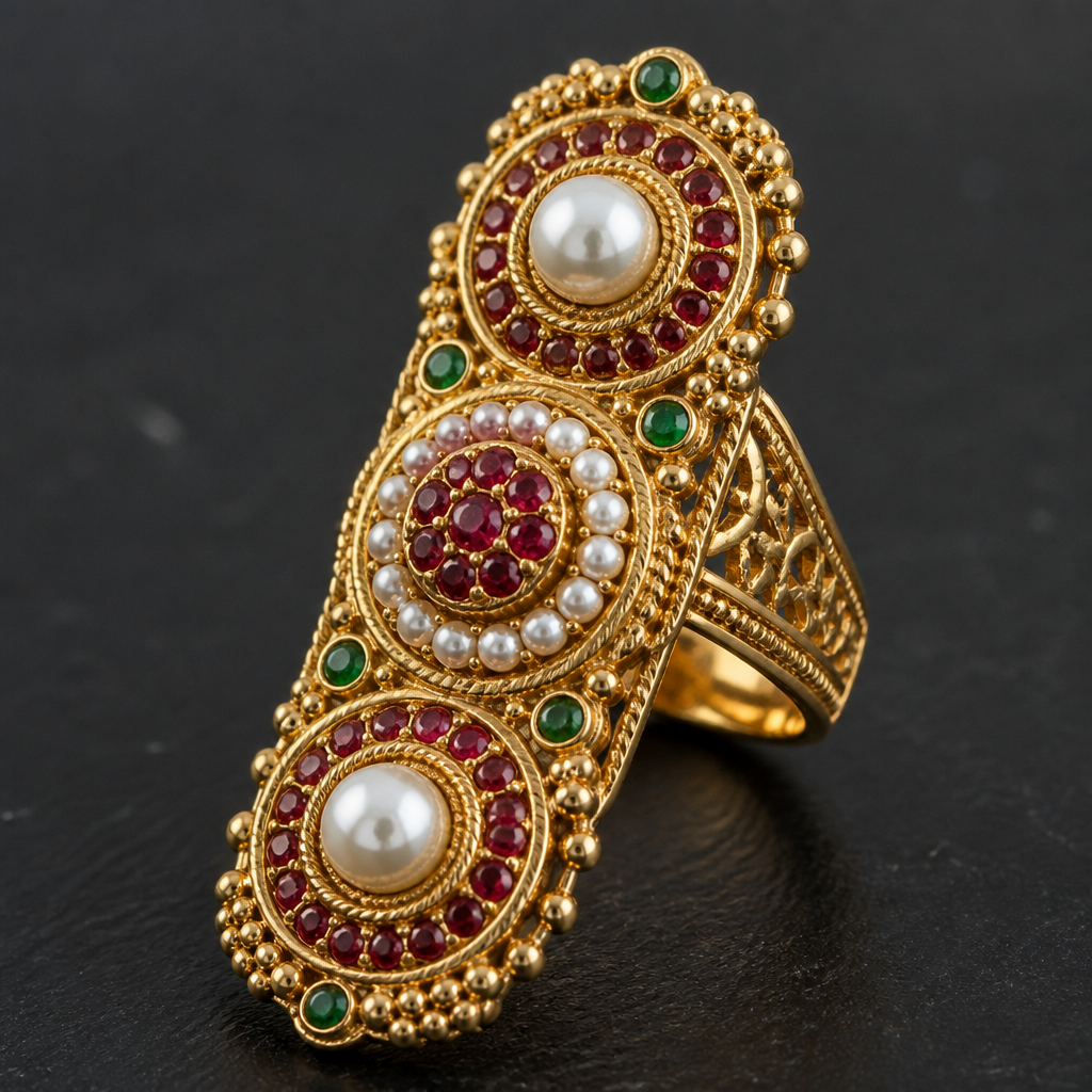 A women's ring made of gold with pearl and ruby stones suitable for festival. Product Specifications
Material: 22K Gold
Net Weight: 107.526 g
Gross Weight: 139.116 g
Stone Weight: 31.59 g
The piece features a vertical string of intricate, circular gold motifs interspersed with small green gemstone accents.
photorealistic jewelry design, A women's ring made of gold with pearl and ruby stones suitable for festival. Product Specifications
Material: 22K Gold
Net Weight: 107.526 g
Gross Weight: 139.116 g
Stone Weight: 31.59 g
The piece features a vertical string of intricate, circular gold motifs interspersed with small green gemstone accents., modern style, just the design no text