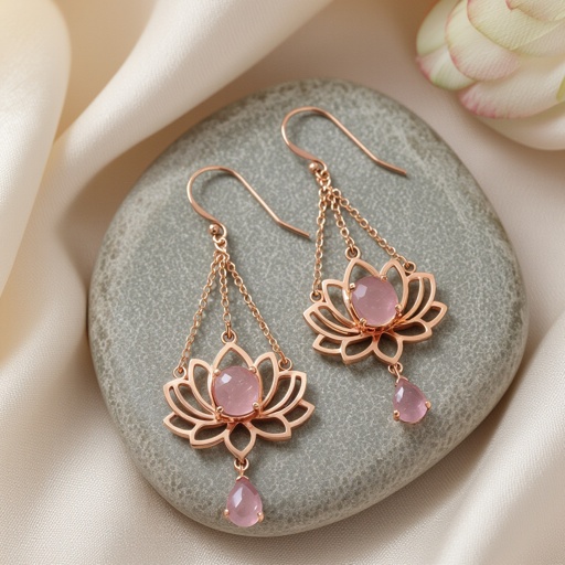 Светлое матовое золото. Серьги с лотосом на длинных цепочках. По центру лотоса камень необрабаботанного розового кварца, от лотоса идет цепочка с еще одним камнем кварца на конце. Серьги тонкие и легкие