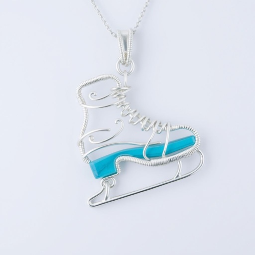 Silver Pendant shape one ice skate with turquoise stripe inside the low thin part blade