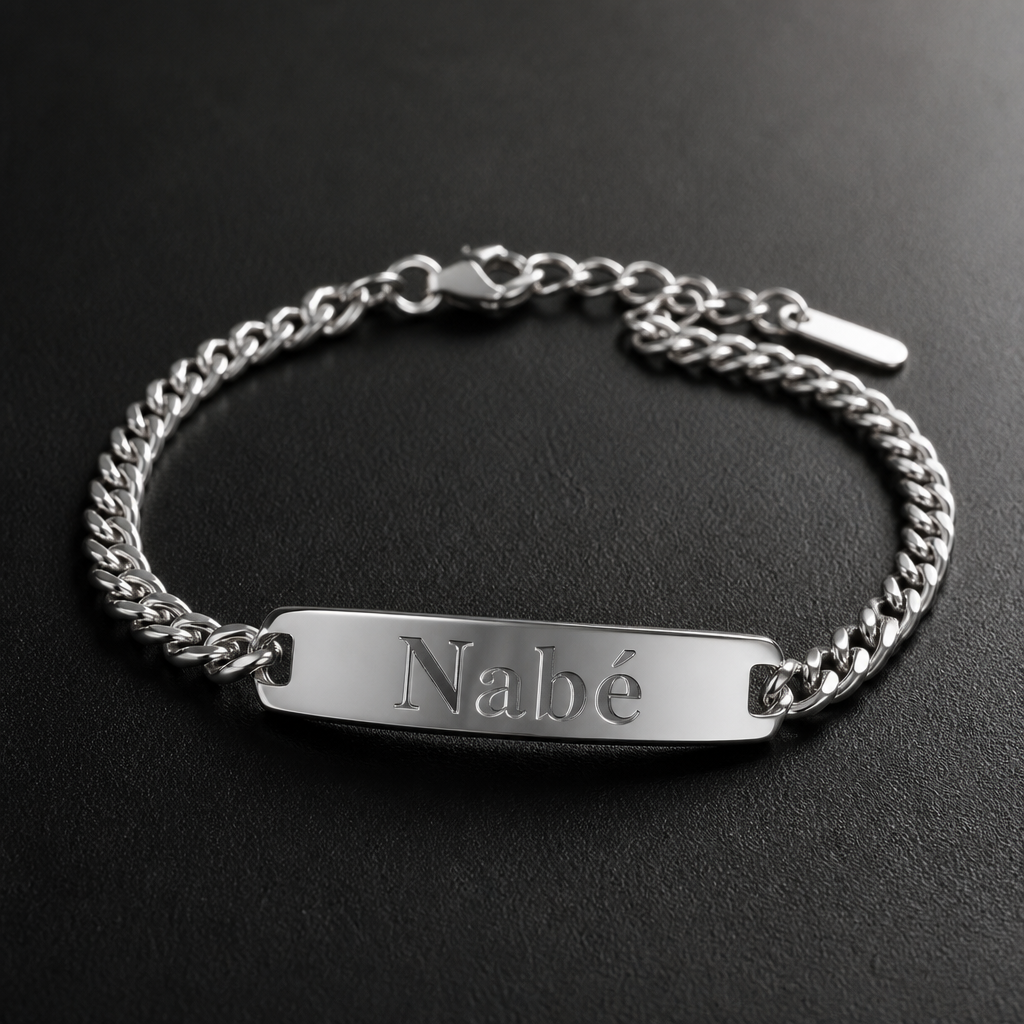Un bracelet en argent avec le nom Nabé c’est pour mon gars mais ne met pas le de symbole juste le nom Nabé avec un autre modèle
photorealistic jewelry design, Un bracelet en argent avec le nom Nabé c’est pour mon gars mais ne met pas le de symbole juste le nom Nabé avec un autre modèle , just the design no text