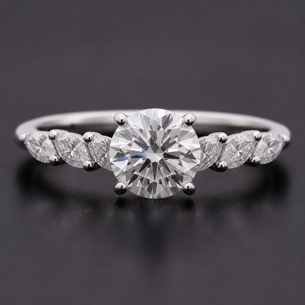 A women's ring. create ring using center round shape diamond 2ct ( 8.08mm) marquise on the side 3 pieces on each side ( 5.54 x 2.80 mm ) side stone should be running down in straight line 3pcs on each side
photorealistic jewelry design, A women's ring. create ring using center round shape diamond 2ct ( 8.08mm) marquise on the side 3 pieces on each side ( 5.54 x 2.80 mm ) side stone should be running down in straight line 3pcs on each side, modern style, just the design no text
