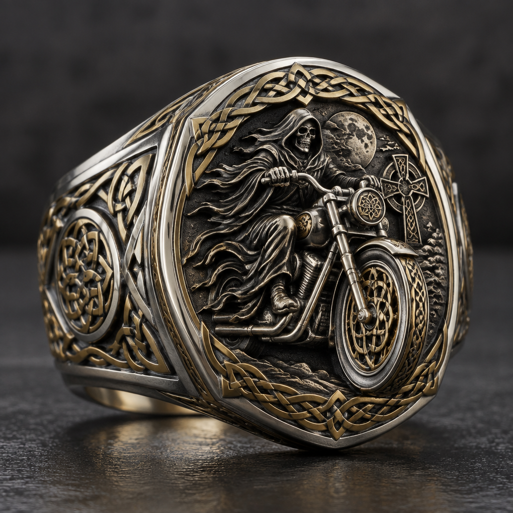 A celtic men's ring made of mixed metal suitable for formal, detailed and decorative, moderately ornate. reaper on a motorcycle
photorealistic jewelry design, A celtic men's ring made of mixed metal suitable for formal, detailed and decorative, moderately ornate. reaper on a motorcycle, celtic style, just the design no text