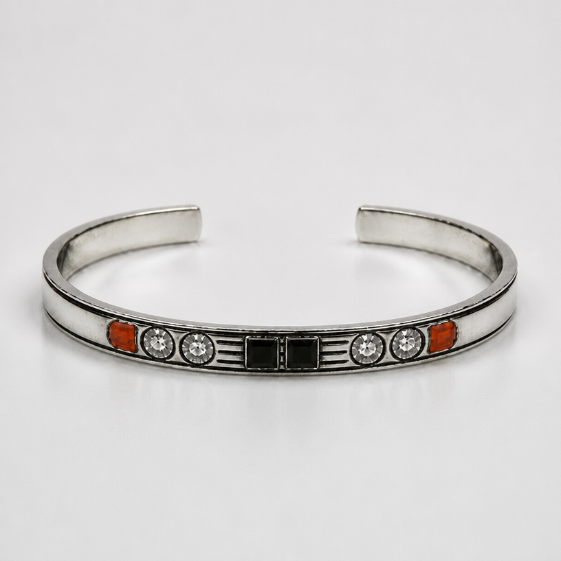 A women's bracelet made of silver. the lines are oxidized
using the attached image as a visual reference, create A women's bracelet made of silver. the lines are oxidized. photorealistic, just the design no text