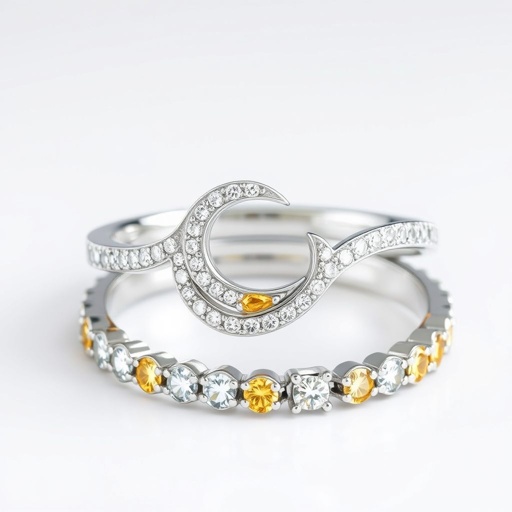 White gold that holds a moon crescent in cleared diamonds intertwined with canary diamonds in shaped of the sun.  Also, accompanied by two ring band with clear and canary diamonds all around the two bands. Like to call it  this wedding ring  day and night. 