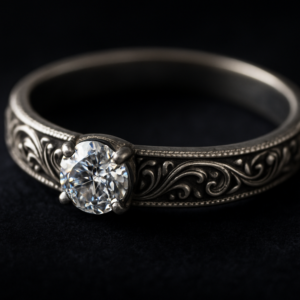 Ultra-detailed close-up of an elegant silver ring with a small round-cut diamond gemstone set at the center. The band is finely engraved with delicate ornamental patterns, slightly oxidized to emphasize the carvings. The surface of the silver gently reflects soft light, showing a subtle metallic texture. The diamond sparkles with perfect clarity, catching glimmers of light. The ring rests on a dark velvet background, creating contrast that highlights its shine and craftsmanship. Studio lighting, shallow depth of field, cinematic macro photography, ultra realistic, 8K detail, ray-traced reflections.