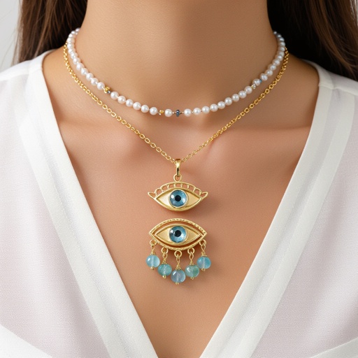 Тонкая цепочка с золотыми и серебряными шариками и мелкими жемчужными камушками на цепочке есть кулон в форме глаза, зрачок глаза из аквамарина от глаза идет маленькая подвеска с маленькими камушками аквамарина 