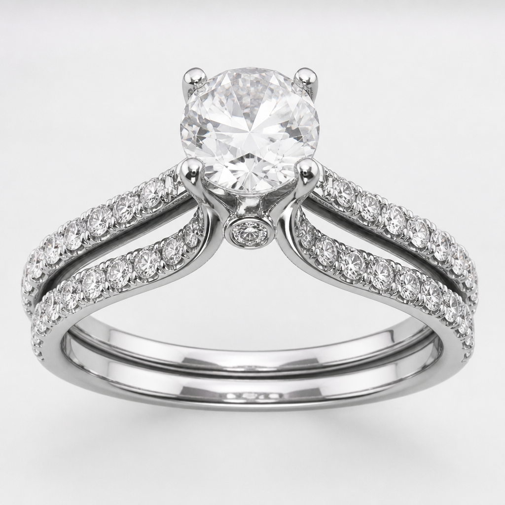 A women's ring made of platinum with diamond stones. wedding band that is 1 piece, goes on both sides of the engagement ring, and curves out roundly to not obstruct the peekaboo gem. with gemstones on top going halfway down the ring.
photorealistic jewelry design, A women's ring made of platinum with diamond stones. wedding band that is 1 piece, goes on both sides of the engagement ring, and curves out roundly to not obstruct the peekaboo gem. with gemstones on top going halfway down the ring., modern style, just the design no text