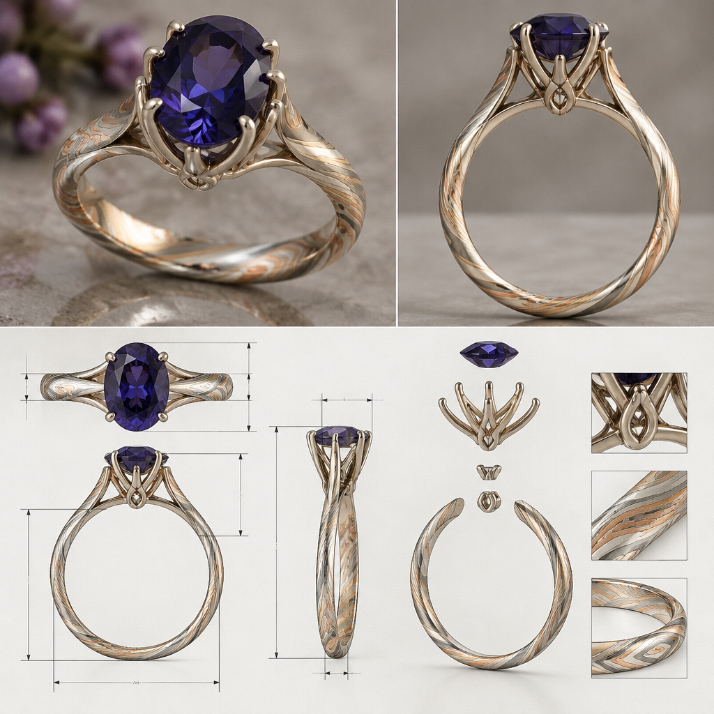 A nordic women's ring made of silver suitable for engagement. i would like a ring with a deep dark purple/mauve almost not see thru with blueish reflection oval spinel mounted something feminin and also wicked and simplistic and durable also elegant and stylish the shank would be 3 colors silver gold and rose gold in a mokume gane style twist in the metal pattern with a cathedral bascket style mount for the gem
i would like to see a photo reealistic rendering of the piece and also a sketch with detailed measurment and assembling plan
photorealistic jewelry design, A nordic women's ring made of silver suitable for engagement. i would like a ring with a deep dark purple/mauve almost not see thru with blueish reflection oval spinel mounted something feminin and also wicked and simplistic and durable also elegant and stylish the shank would be 3 colors silver gold and rose gold in a mokume gane style twist in the metal pattern with a cathedral bascket style mount for the gem
i would like to see a photo reealistic rendering of the piece and also a sketch with detailed measurment and assembling plan, nordic style, just the design no text