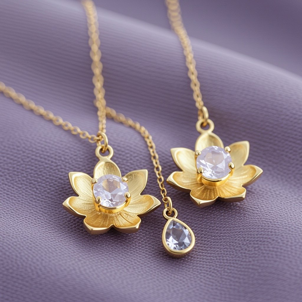 Серьги золото изящный маленький плоский лотос с необработанным маленьким хрусталем в центре, от лотоса идет золотая цепочка вниз с еще одним маленьким камушком хрусталя
