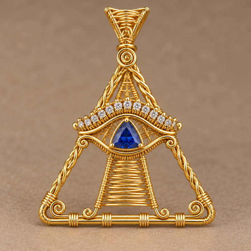 A wire-wrapped women's pendant. put a triangle sapphire in the middle of this pendant
using the attached image as a visual reference, create A wire-wrapped women's pendant. put a triangle sapphire in the middle of this pendant. photorealistic, just the design no text