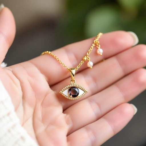 Тонкая цепочка с золотыми шариками и мелкими жемчужными камушками на цепочке есть кулон в форме глаза, зрачок глаза из раухтопаза от глаза идет маленькая подвеска с маленьким камушком 