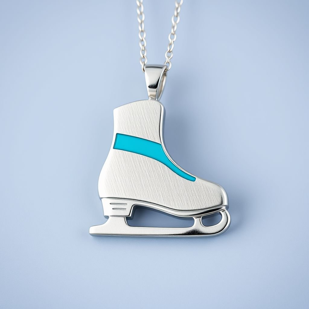 Silver Pendant shape one ice skate with turquoise stripe inside the low thin part blade