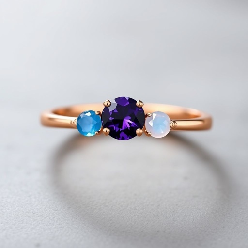A simple, three stone 18 karat rose gold engagement ring set with a circular purple alexandrite. Also set with a small half moon blue chalcedony on one side right next to it, and a small half moon moonstone set on the other side right next to it. On the inside of the band, it has an inscription reading, “Tuum. Et in hac vita et in altera.”