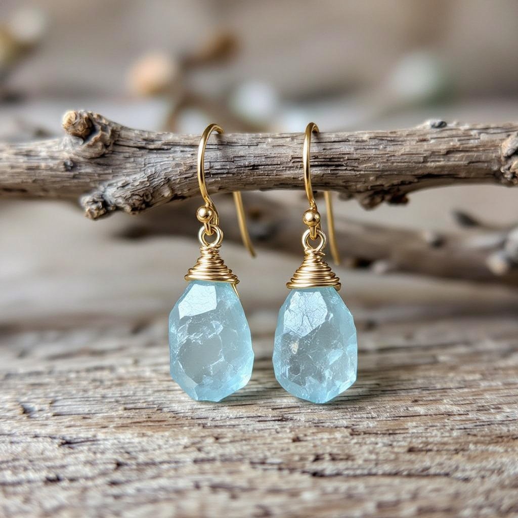 Серьги в виде кристалла необработанного бледного аквамарина в виде длинного кристалла